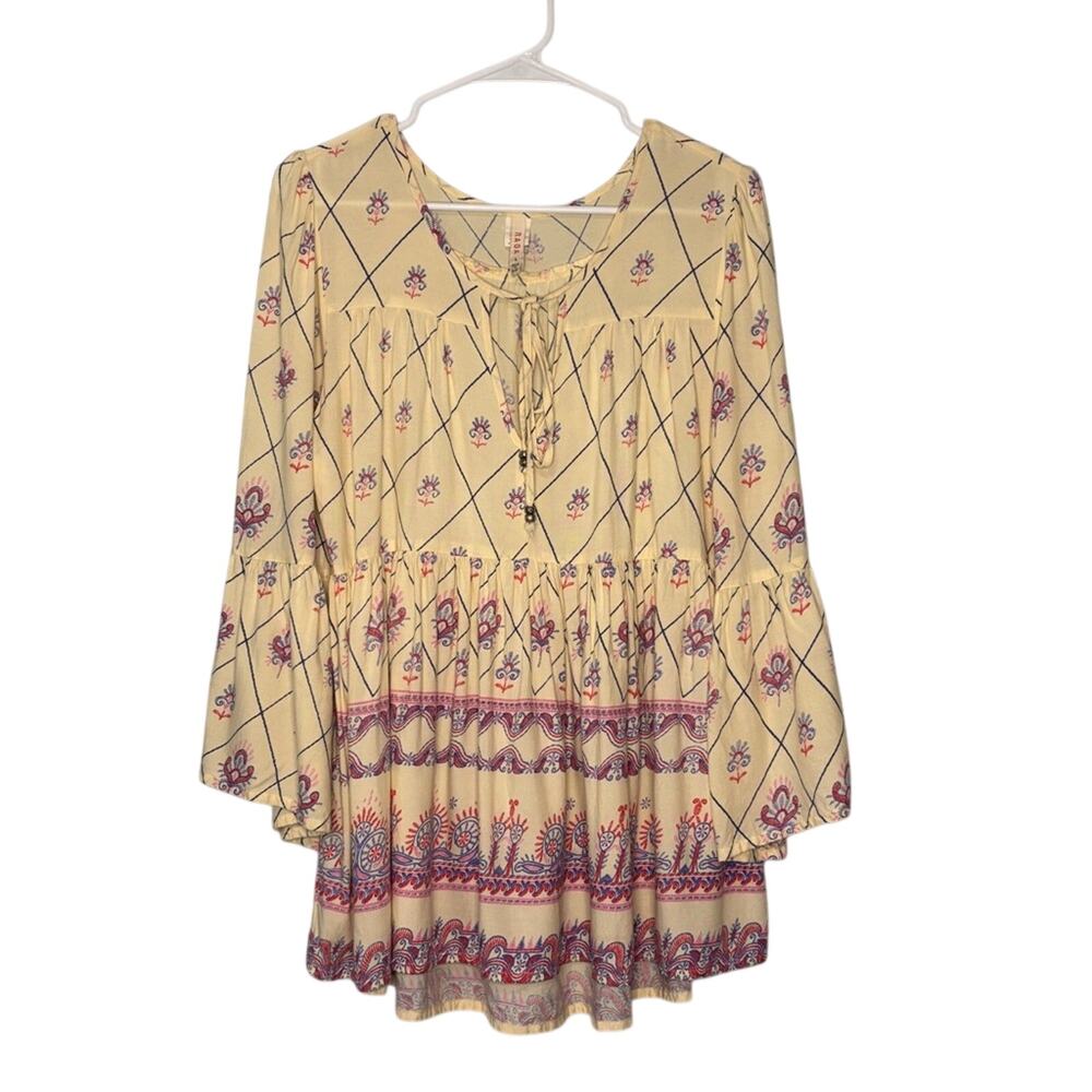 RAGA Anthropologie Ivory Border Print Boho Cream Peasant Top Bell Sleeve L - Picture 4 of 9